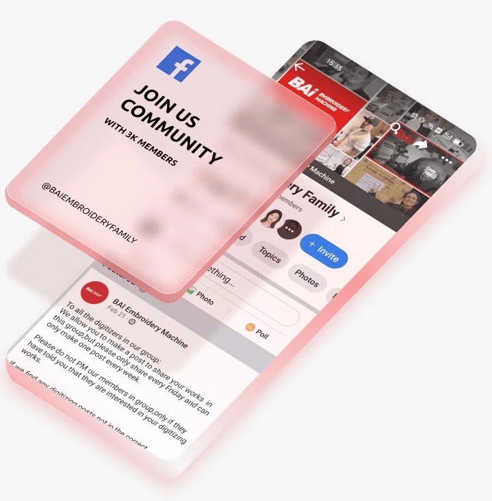 BAi Embroidery Machine Facebook Page and Group for community engagement and updates.